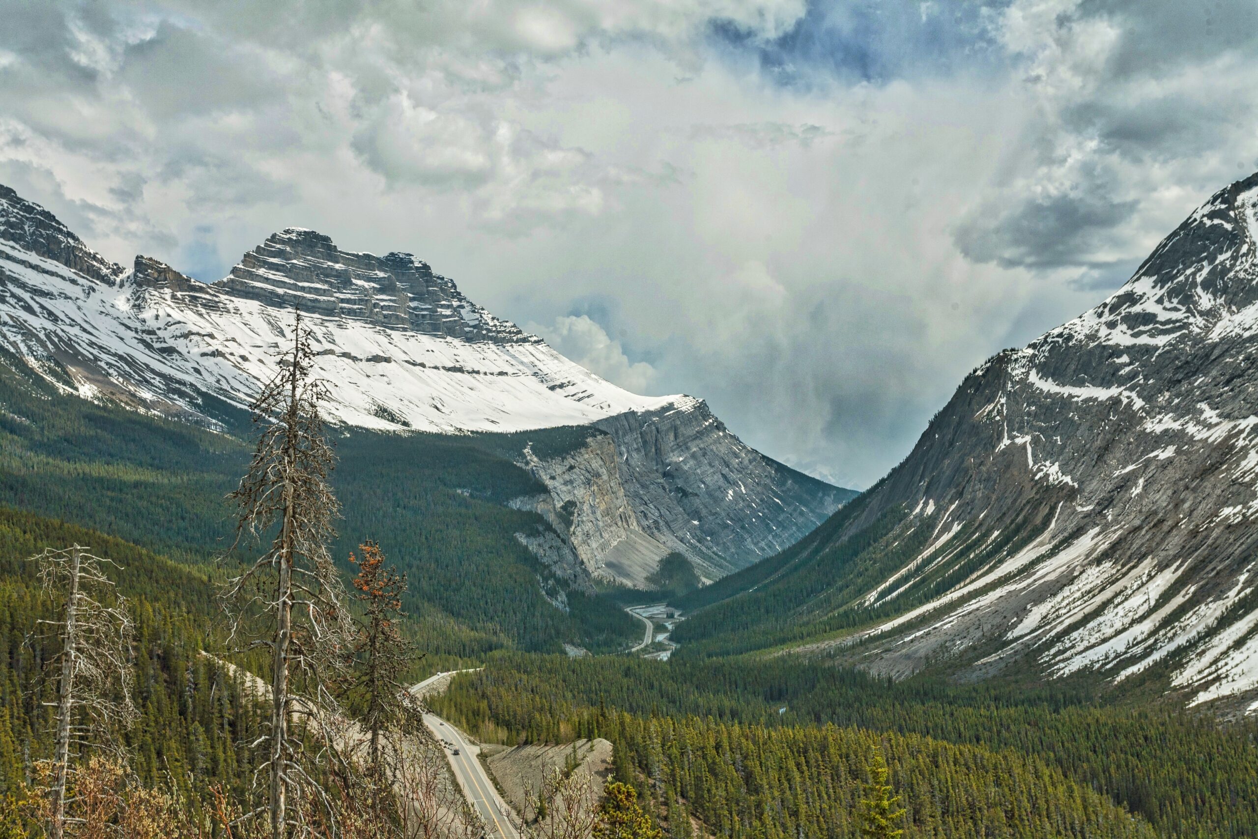 beautiful low angle scenery of the snowy canadian rocky mountains